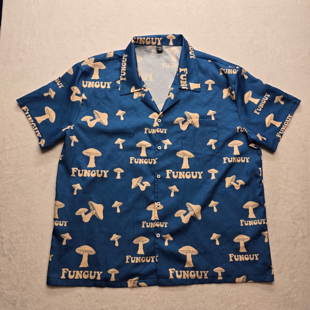 Funguy‎ Mushroom Button Up Shirt Y2K Streetwear Blue Men's XL